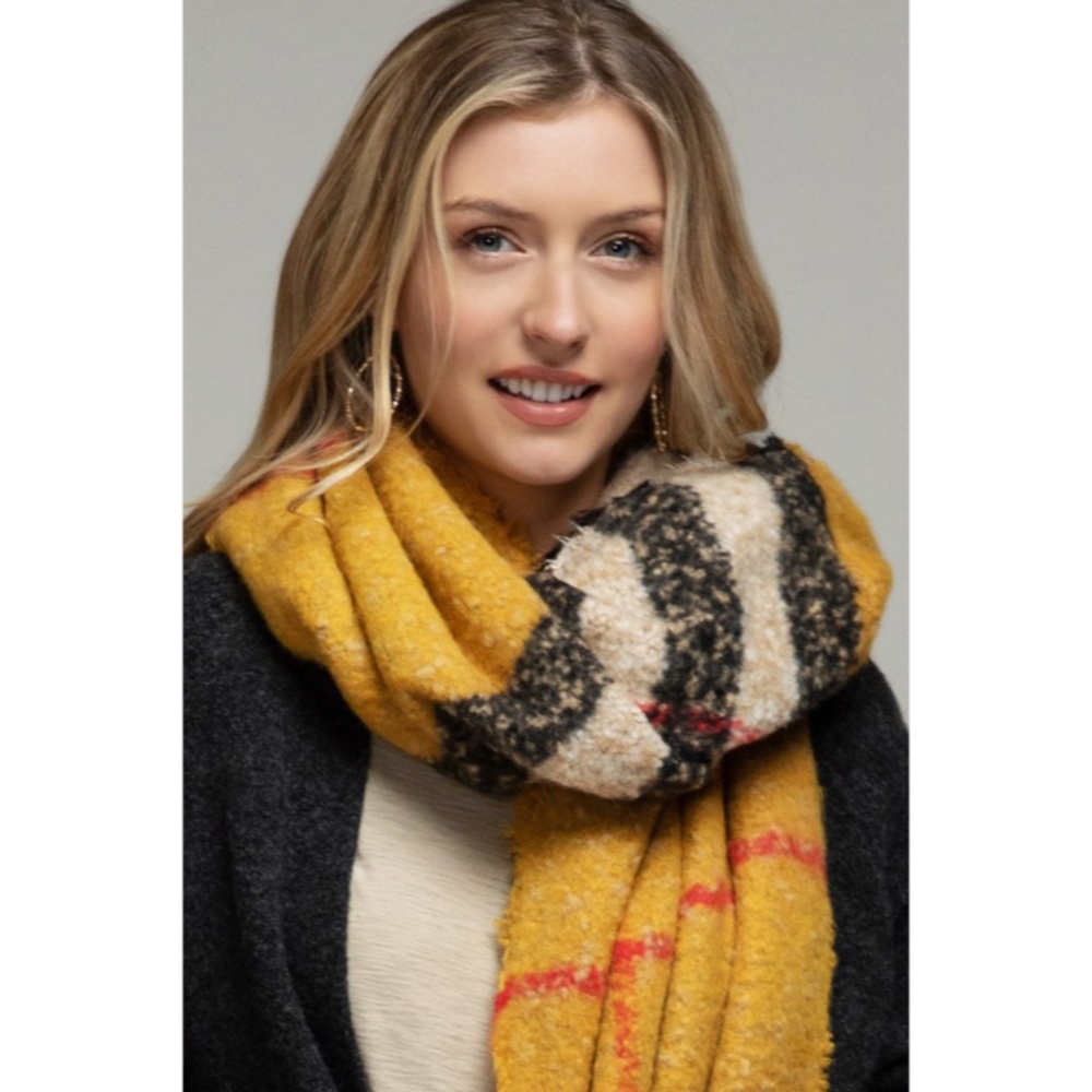 SOLD OUT Mustard Plaid Boucle Oblong Winter Fall Women's Casual Scarf w/ Fringe - Picture 4 of 4